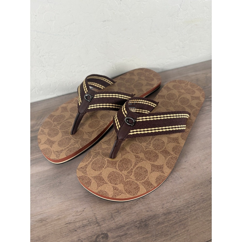 Coach Mens Sig Webbing Flip Flop Tan Signature C8896 Sandal Size 8 D - Picture 5 of 8